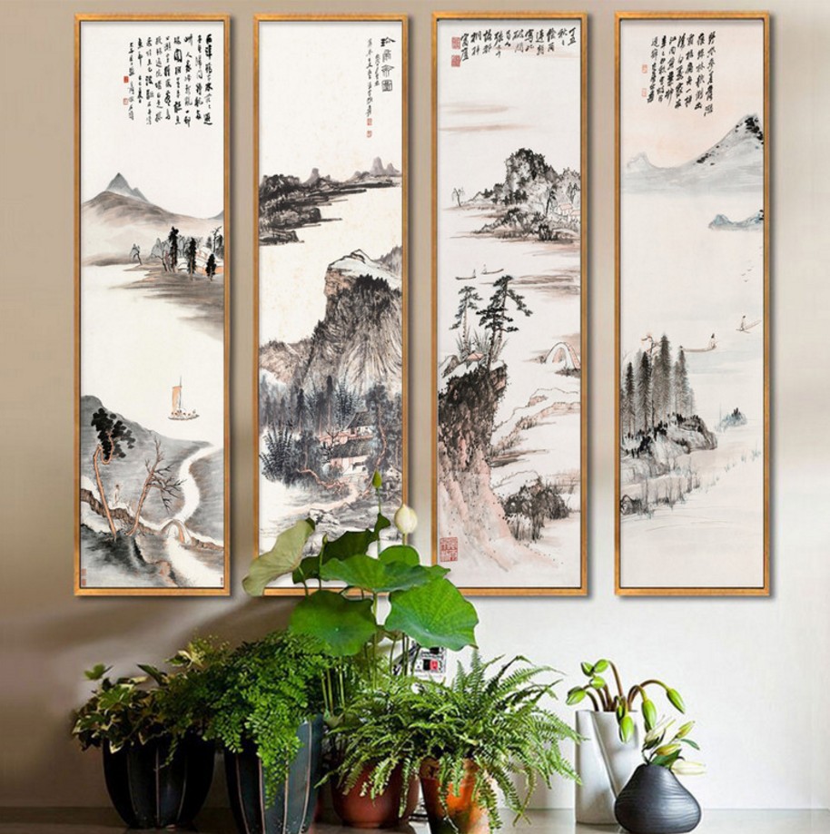 水墨山水国画挂画四条屏装饰画新中式挂画餐厅书房饭店酒店壁画