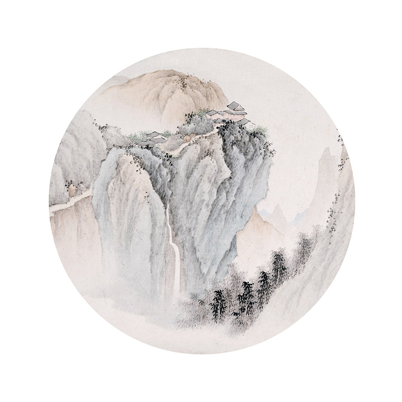 px025实木圆形 新中式山水画客厅装饰画 玄关水墨国画书房挂画