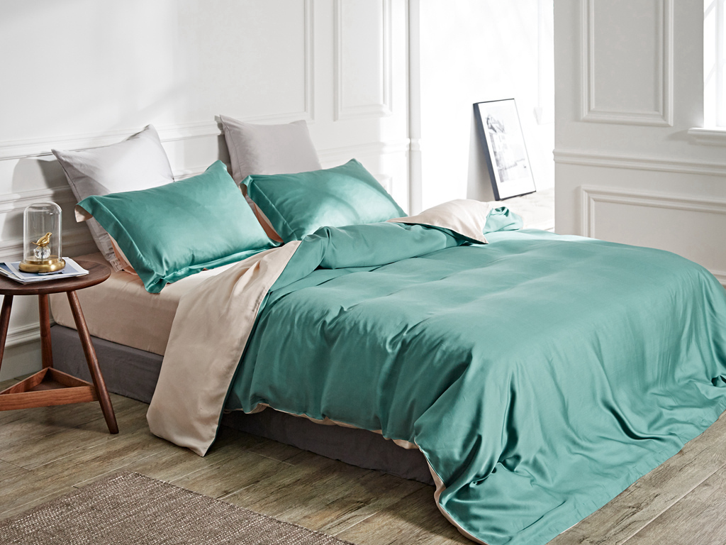 大墨 现代软装青色纯色天丝卧室酒店会所四件套-床单/被套/被子/床罩