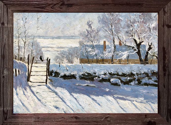 莫奈 喜鹊 纯手绘油画 实木画框新古典欧式美式雪风景印象派名画