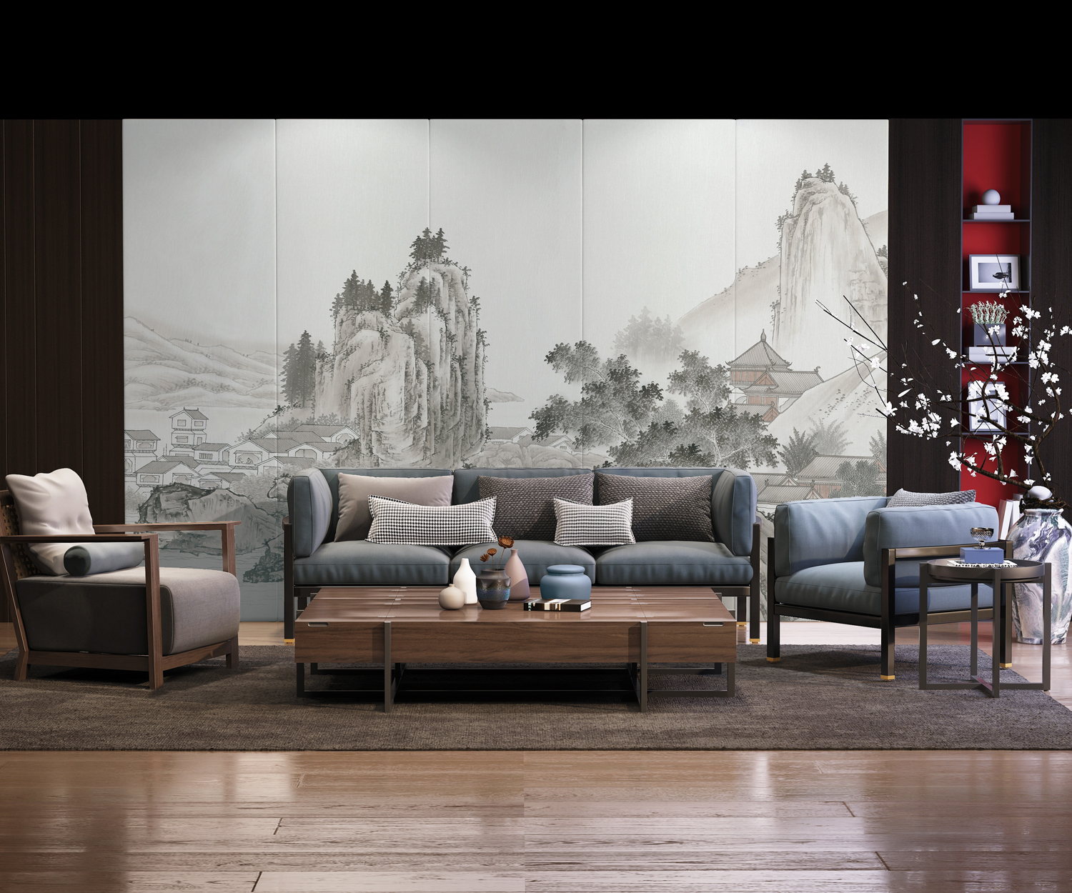 筑室 新中式山水楼阁国画墙布宣绒布壁布墙纸客厅背景墙纸