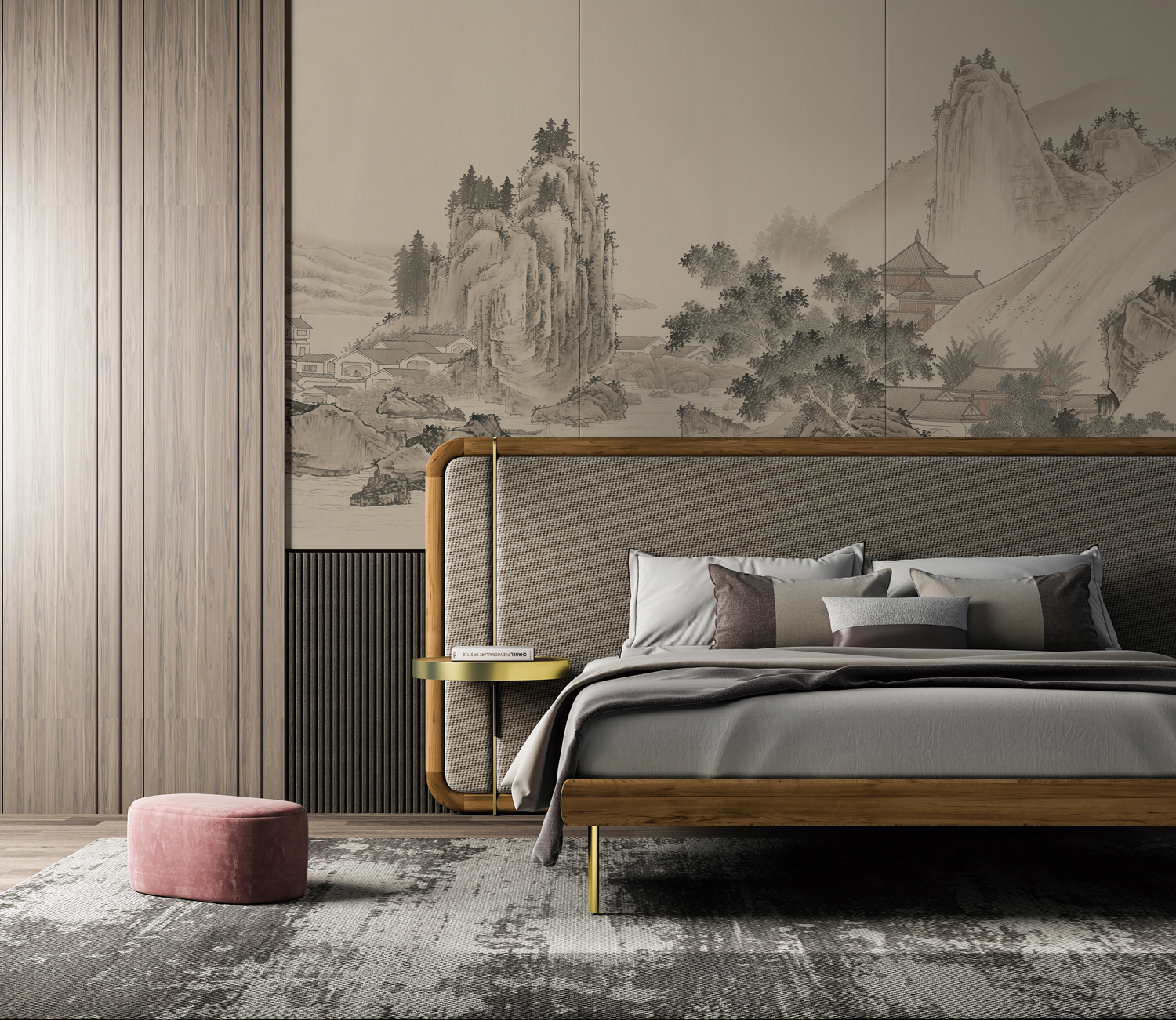 筑室 新中式山水楼阁国画墙布宣绒布壁布墙纸客厅背景墙纸-商品-美间(