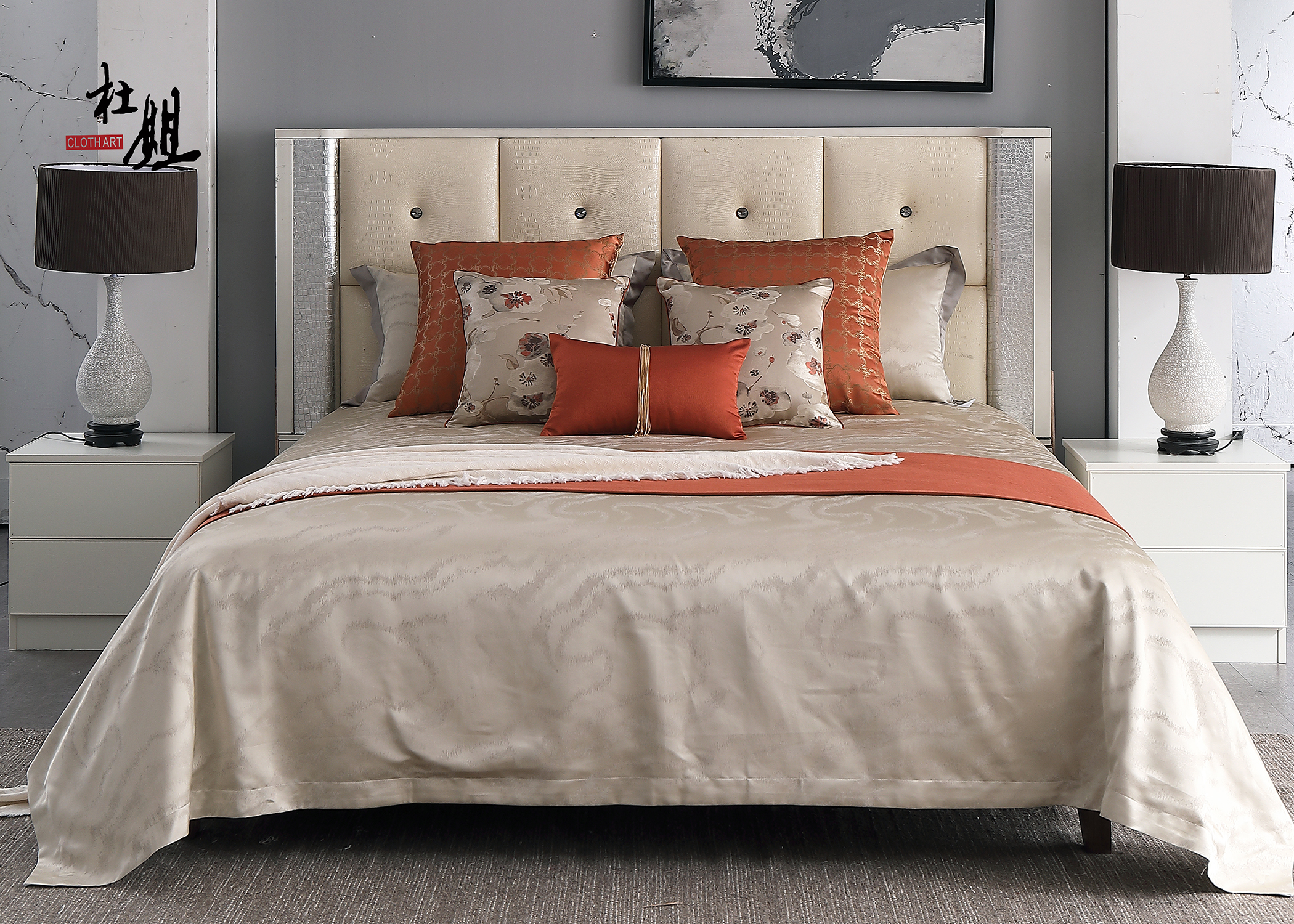 杜姐布艺 新中式样板房间高端多件定制床品套件