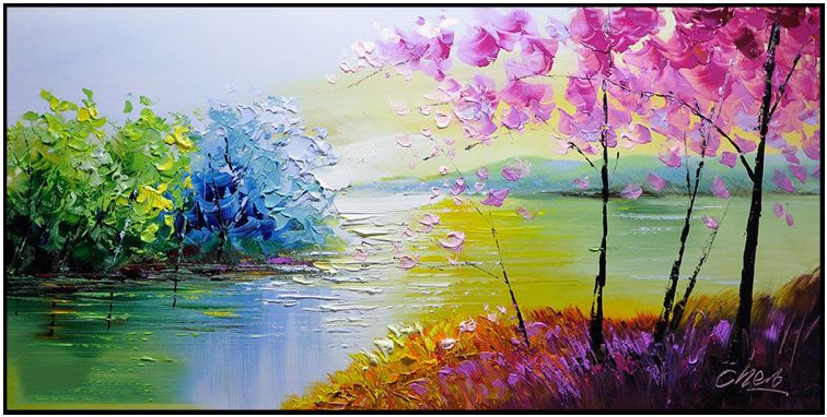 陈杰原创刀画 在春天 现代花卉风景客厅卧室餐厅手绘油画大幅横版