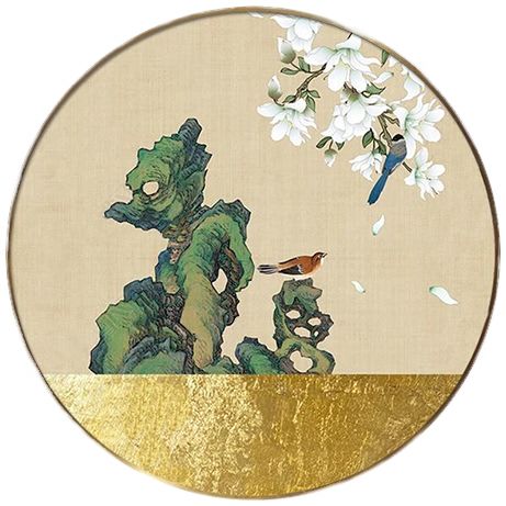 新中式入户花鸟太湖石玄关走廊金属装饰画圆形画轻奢大气玄关挂画