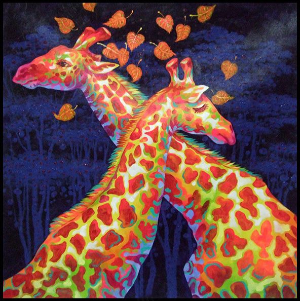 印象斑斓 相亲相爱 长颈鹿动物手绘油画 现代玄关卧室卡通装饰画