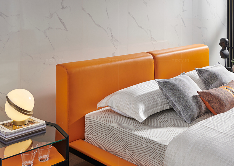 菲尼其 现代极简真皮床橙色双人床
