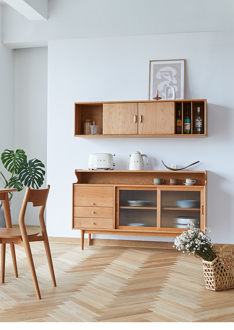 朴愫木作北欧实木餐边柜日式餐柜碗柜吊柜高柜樱桃木小户型茶水柜
