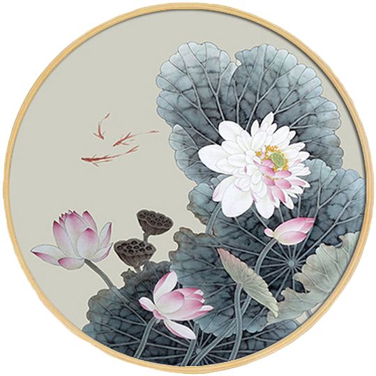 新中式禅意水墨荷花实木圆形装饰画创意花卉国画现代客厅有框挂画
