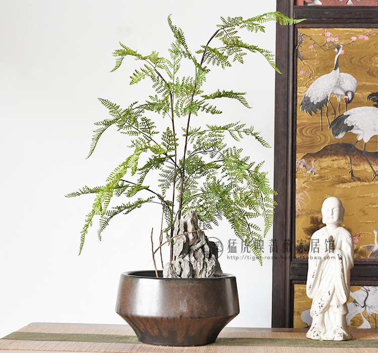 新中式花艺仿真花文竹盆景假山套装玄关客厅茶室酒店艺术插花摆件