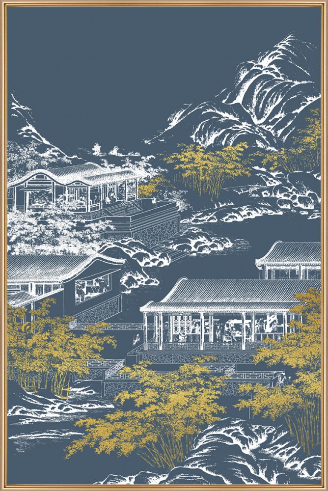 新中式工笔建筑植物样板间客厅书房卧室手工鎏金艺术喷绘-现代创意