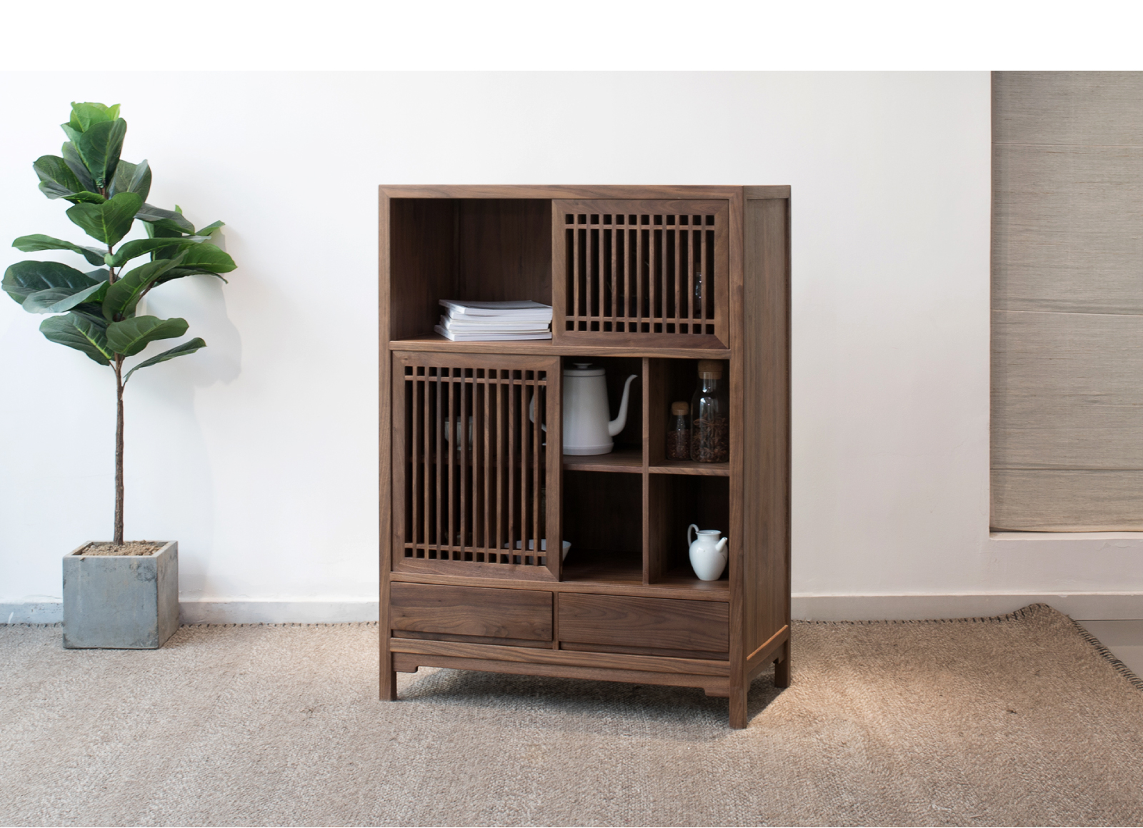 璞木新中式实木餐边柜矮柜黑胡桃樱桃木边柜茶水柜收纳柜玄关客厅