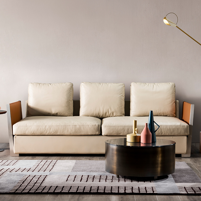 菲尼其 现代极简真皮头层牛皮不锈钢羽绒软靠马鞍皮质三人沙发