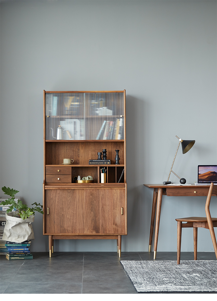 朴愫木作北欧黑胡桃木书柜日式实木高柜置物柜中古立柜秘书柜书橱