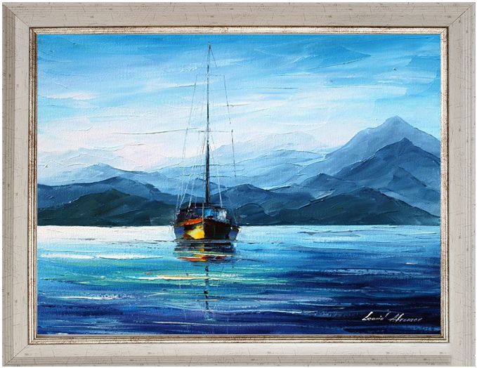 大海帆船手绘油画厚油颜料手工刀画现代美式海景双联 夜景刀画