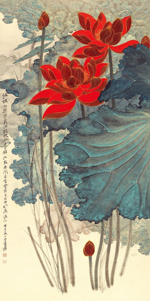 荷花入户玄关竖版沙发背景墙面装饰画新中式过道走廊壁画酒店挂画