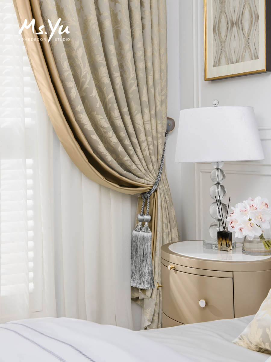 窗帘 卷草纹香槟轻奢窗帘定做 现代客厅轻奢飘窗窗帘遮光 #喻小姐