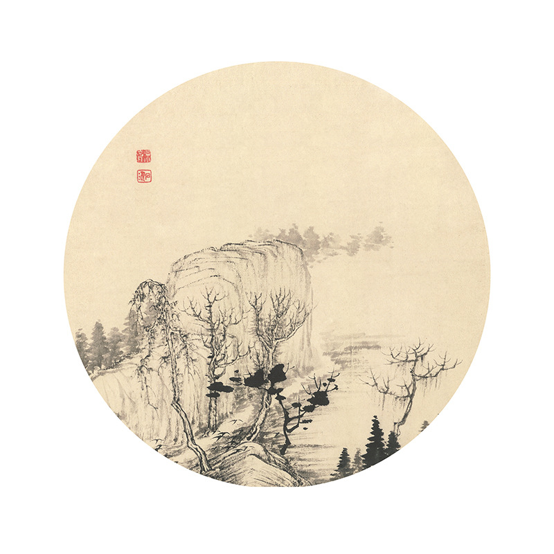 px025实木圆形 新中式山水画客厅装饰画 玄关水墨国画书房挂画