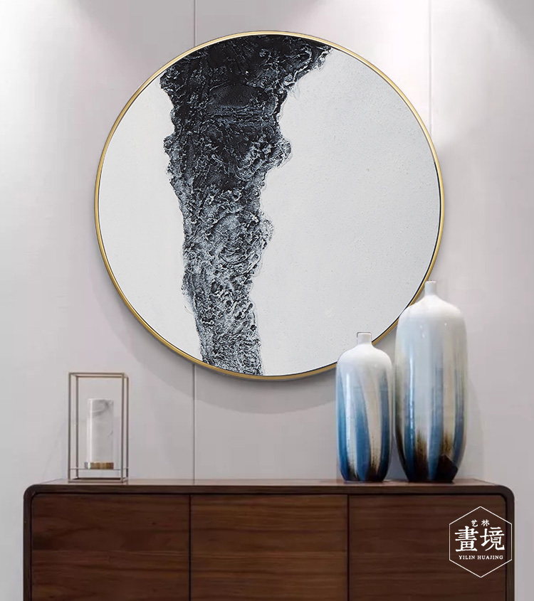 现代抽象镜面手绘圆形画艺术装饰画样板房软装设计师推荐客厅挂画