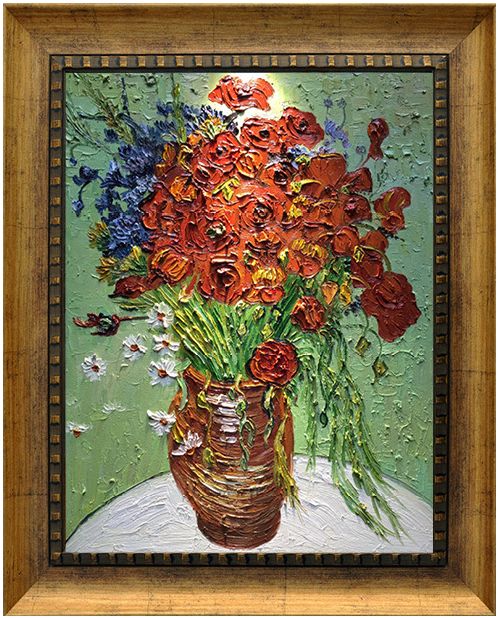 梵高名画 红色罂粟花和雏菊 手绘油画欧式美式复古怀旧花卉静物画