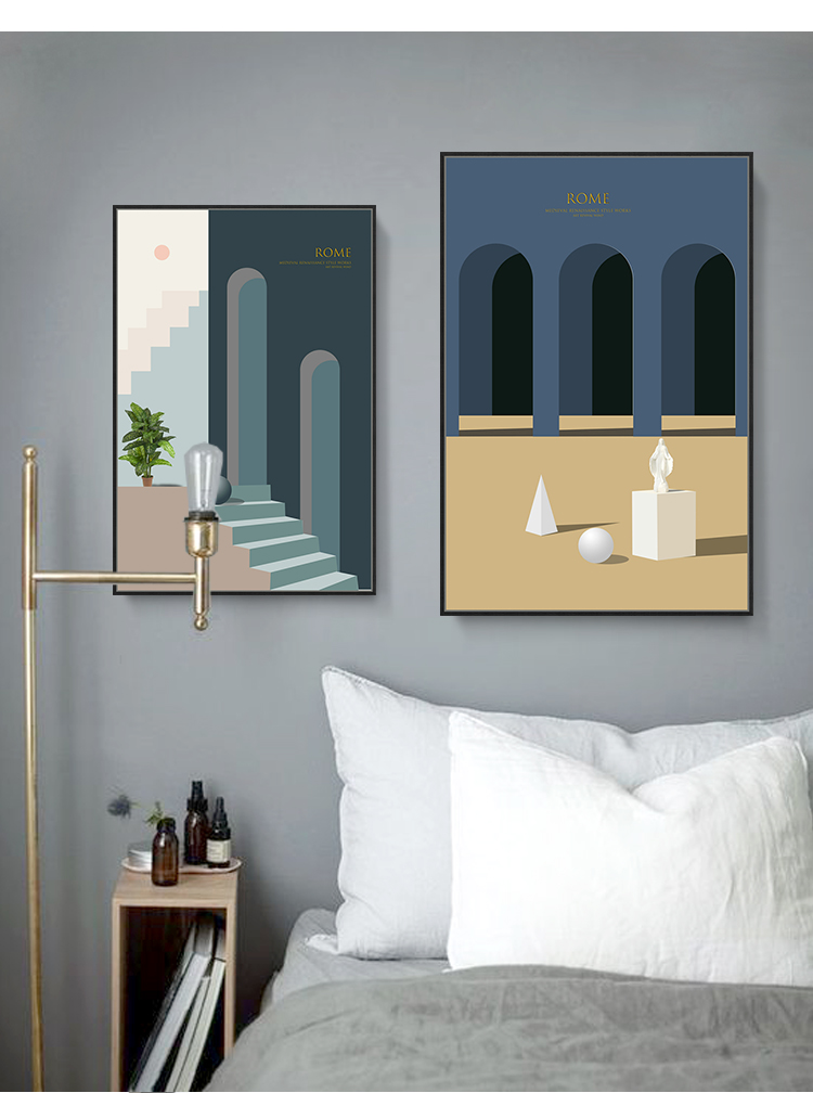 文艺复兴时期建筑风景挂画北欧客厅画卧室莫兰迪色淡雅简约装饰画