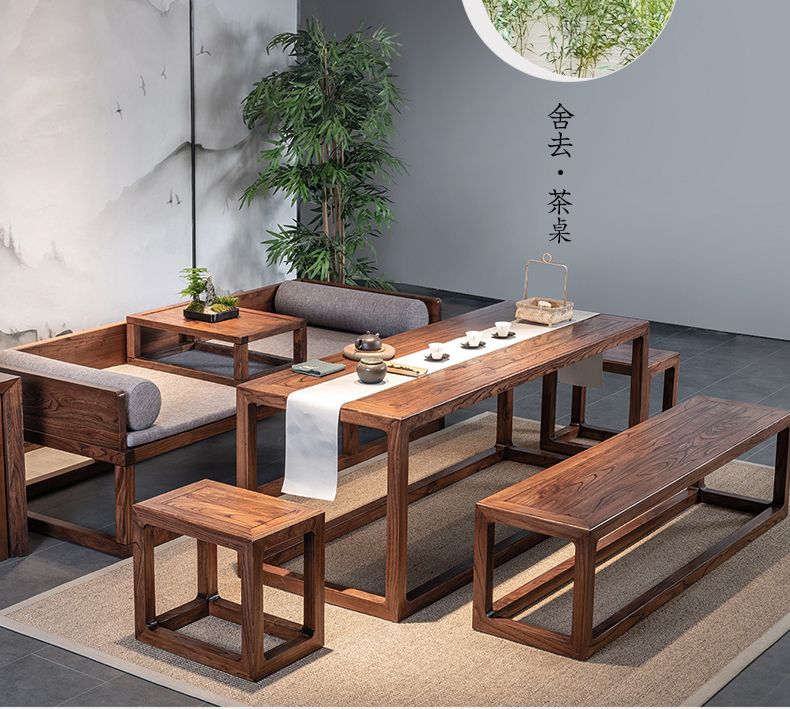 溪木工坊现代简约新中式家具禅意功夫茶桌台老榆木实木餐桌椅组合-单品-美间(软装设计采购助手)