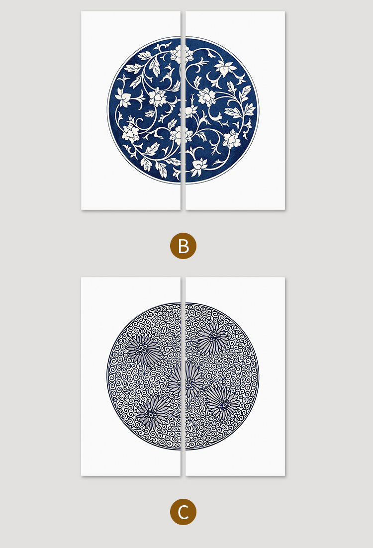 新中式仿青花瓷玄关装饰画现代客厅传统图案挂画餐厅会所双联壁画