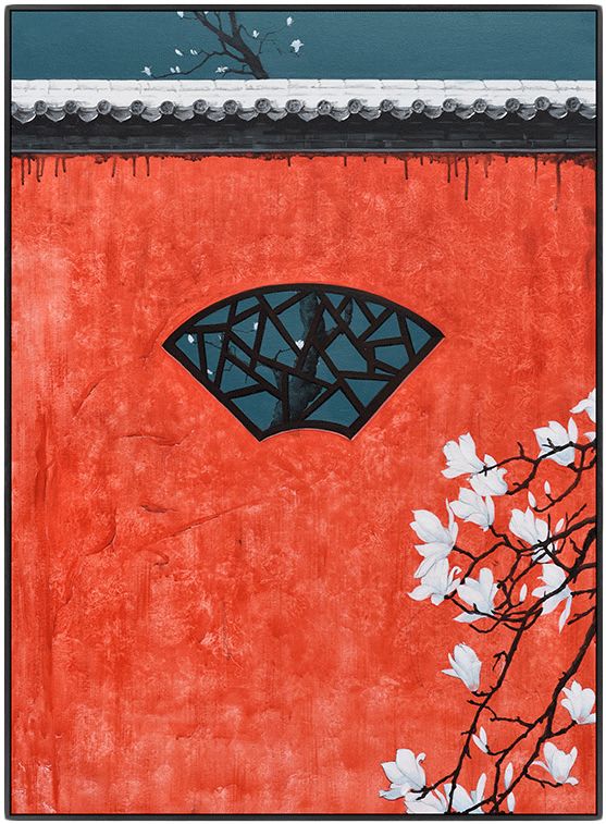 唯艺汇现代新中式皇宫红墙装饰画沙发背景墙玄关竖版手绘油画成品