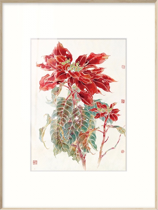 【新品】现代简约客厅装饰画三联挂画餐厅花卉国画 戴志文 一品红