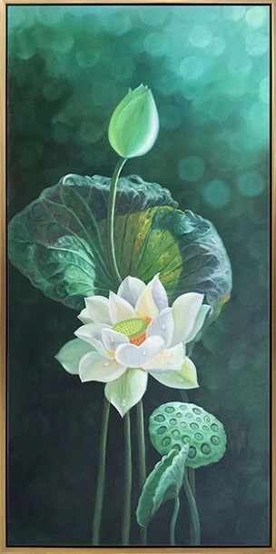 纯手绘油画玄关装饰画竖版新中式荷花九鱼图过道装饰壁画大气挂画