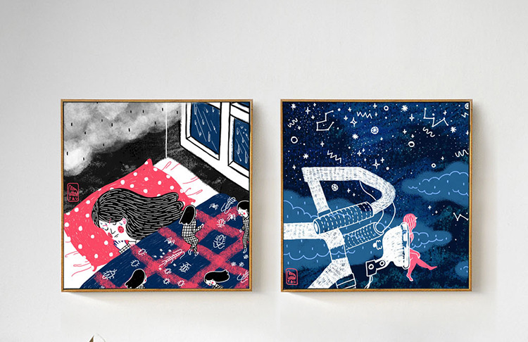 lilili映画甜蜜梦乡卡通壁画背景画儿童房挂画女孩床头挂画卧室墙面