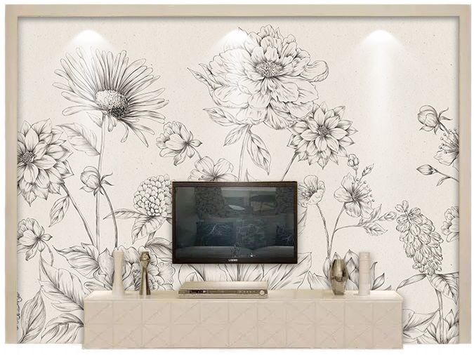 北欧壁纸手绘素色花卉电视背景墙壁画大型定制艺术壁画黑白灰墙纸