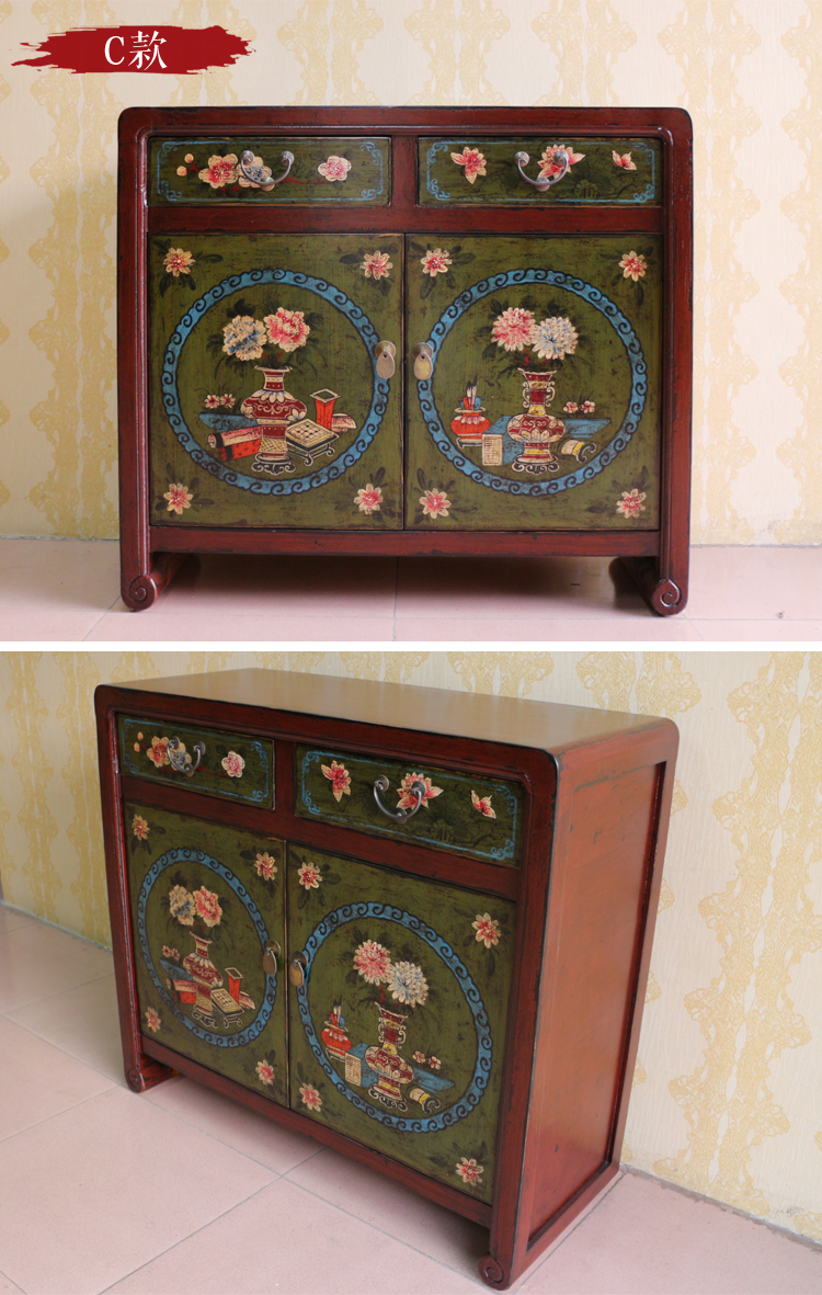 彩绘鞋柜 中式仿古玄关手绘2门边柜实木古典家具 复古储物酒水柜