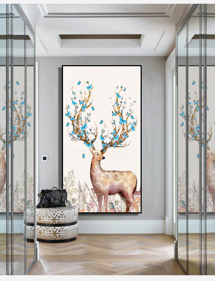 招财鹿画 装饰画玄关装饰鹿画竖版发财鹿北欧风走廊挂画 过道壁画