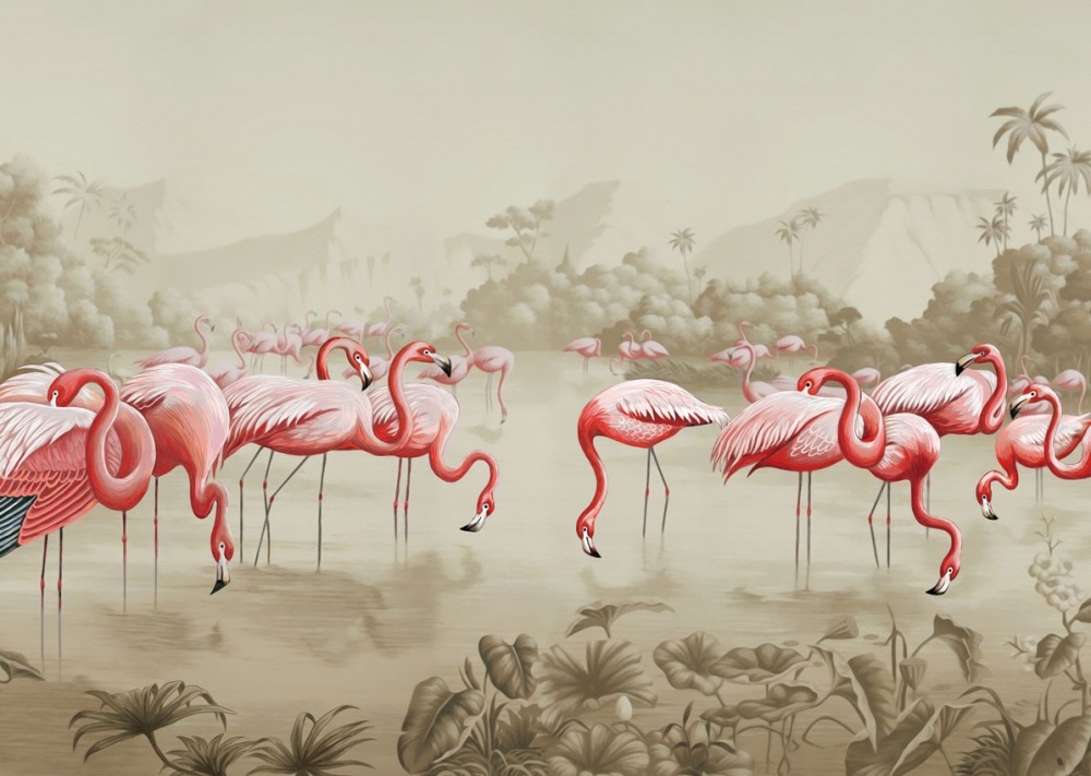 手绘西洋画火烈鸟背景-墙纸壁纸-2022美间(软装设计采购助手)