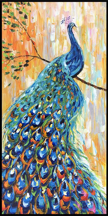 孔雀 手绘动物油画 现代美式新古典中式玄关过道走廊竖款装饰画